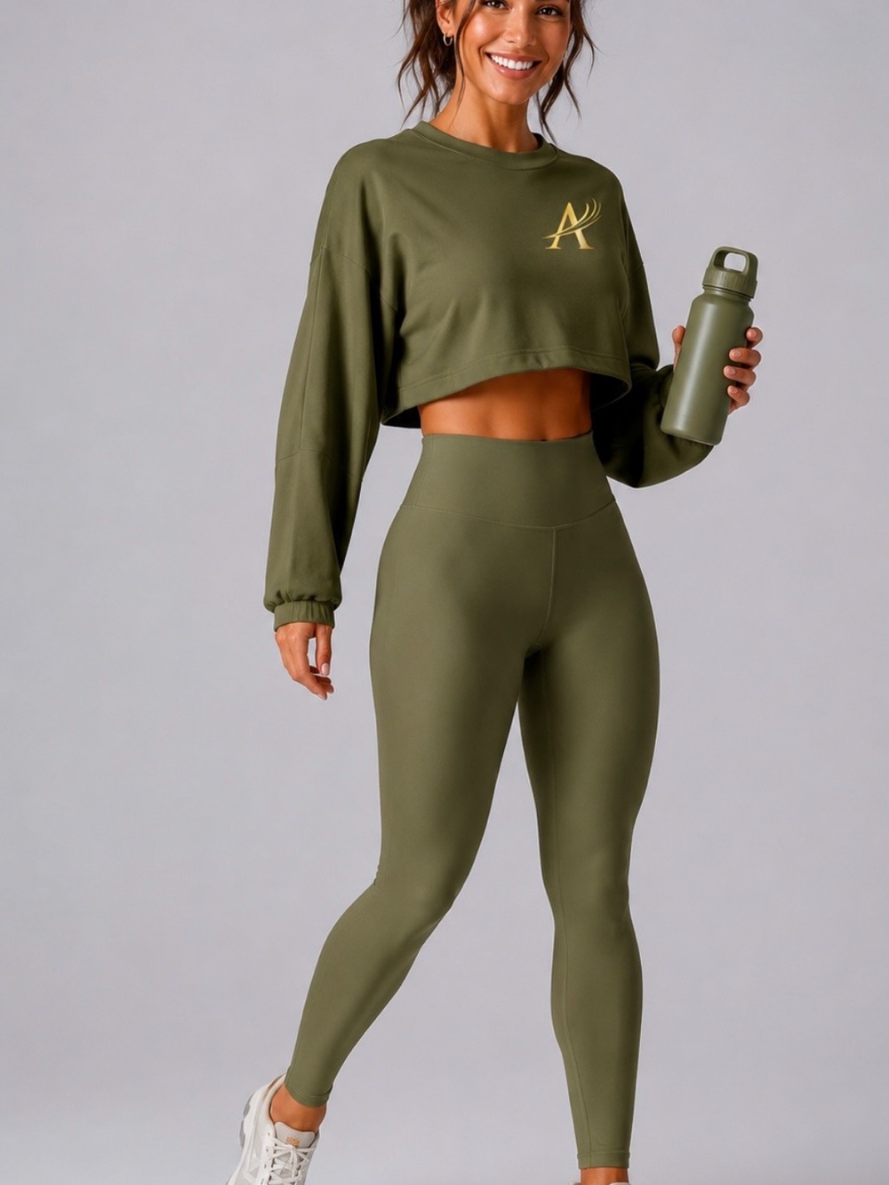 Crop Pullover & High-Waist Leggings Set in Olive Green